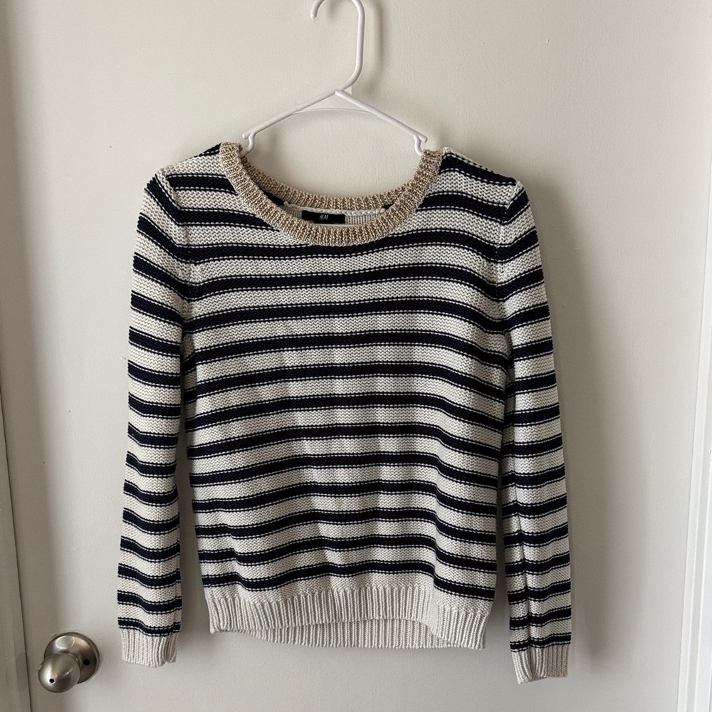H&M Navy and Cream Striped Crewneck Sweater